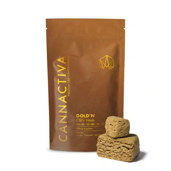 Goldn-CANNACTIVA 2 Compra Gold’n, el hachís de CBN premium de Cannactiva. Una resina única con 10% CBN, 25% CBD y 10% CBG con delicioso aroma a caramelo y madera.